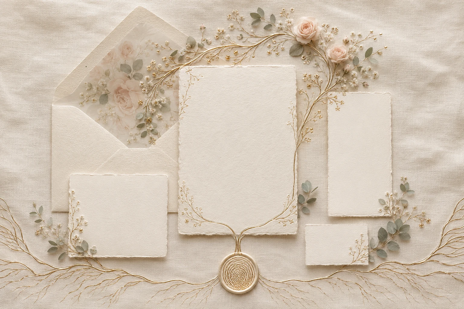 Ever Bloom Vow — Paper & Promise's signature suite: gold vines and blush roses on handmade deckle-edge paper, sealed with a fingerprint wax seal